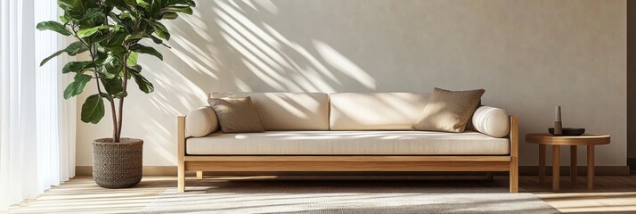 Poster - This bright and airy living room showcases a minimalist design with soft natural lighting, featuring a comfortable wooden couch and a stylish plant