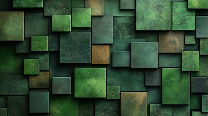 Aufkleber - An abstract arrangement of green square tiles on a textured surface creating a vibrant, layered visual effect