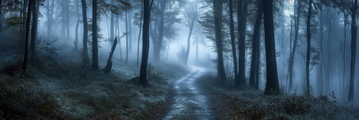 A narrow path winds through a misty forest, softly lit by the moonlight, as fog envelops the tall trees, creating a mysterious and tranquil nighttime environment