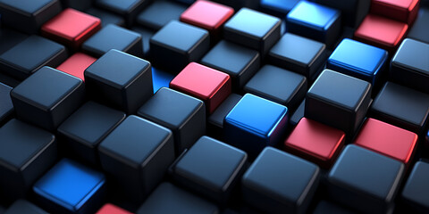 Aufkleber - Abstract arrangement of dark, red, and blue cubes creating a visually striking pattern with depth and texture