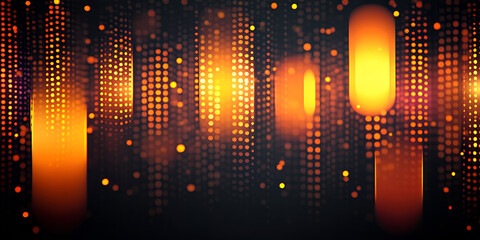Poster - Glowing orange vertical lines and dots create a vibrant abstract design against a dark background, evoking a sense of energy and movement