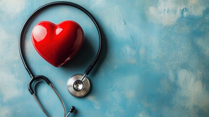 Red heart model with black stethoscope on a blue textured background symbolizing cardiac health.