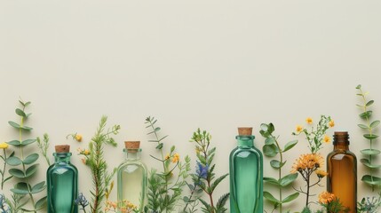 Essential Oil Bottles with Herbs and Flowers on Beige Background