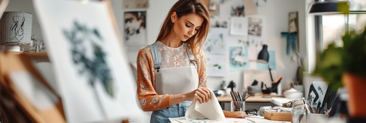 A fashion designer focuses intently while pinning fabric to a mannequin in a bright studio filled with sketches and various design tools, showcasing her creative process