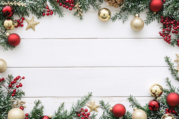 A Christmas border made of green pine branches red and gold ornaments berries and stars on a white wood background