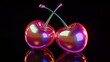 © Ksenia - Chrome liquid metal cherry. 3D render cherries, modern design. Isolated holographic futuristic floral icon. Y2K, brutalism retro futurism dessert food concept.