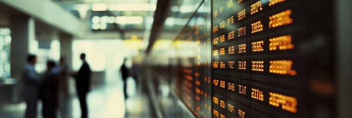 Wall Mural - A closeup of a stock ticker tape display in a bustling investment firm reveals current financial data and stock movements during a busy trading session