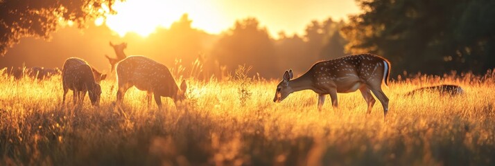 Wall Mural - A herd of deer grazes in a serene meadow during sunset, surrounded by golden light that enhances the tranquil atmosphere of the evening