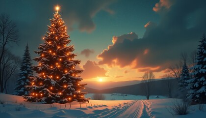 Wall Mural - A picturesque Christmas scene featuring a snow-covered Christmas tree glowing with warm lights, set against a beautiful sunset background.