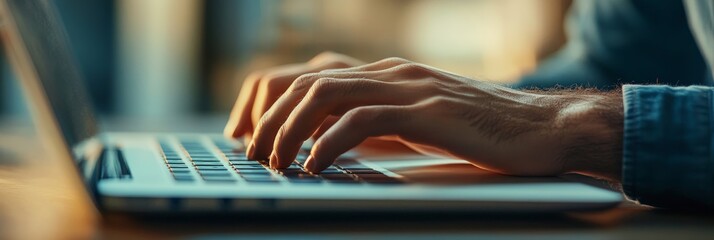 Wall Mural - Fingers glide across the keyboard of a laptop as the individual concentrates on their work, illuminated by soft ambient light in a cozy indoor setting