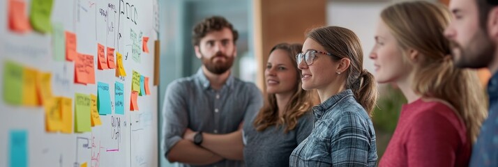 Wall Mural - A group of professionals engages in a productive brainstorming session at a contemporary office. They study a whiteboard filled with colorful sticky notes, sharing ideas enthusiastically