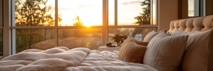 Wall Mural - A beautifully designed bedroom features a king-sized bed adorned with fluffy pillows, illuminated by warm golden hour light streaming through large windows