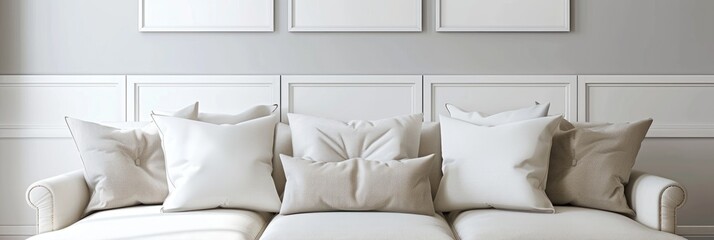 Sticker - Neutral sofa and cushions with empty photo frames arranged on the wall