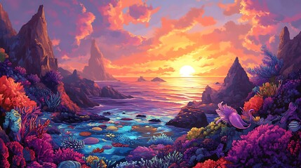 Wall Mural - Tranquil Beach at Low Tide, Tide Pools Alive with Colorful Sea Creatures, and a Setting Sun Over the Horizon










