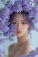 A beautiful Korean woman with purple hair, wearing a wreath of lilac flowers on her head and holding one flower in front of her face, is posing for an advertising photo. She is looking at the camera, 