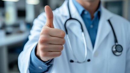 Poster - A doctor in a white coat with a stethoscope gives a thumbs up in the background of the clinic