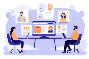 Poster - A team composed of various individuals engaged in a collaborative work session, utilizing laptops and a central monitor to analyze information. Generative AI