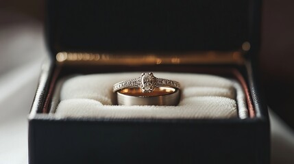 Close-up of the wedding rings of the bride and groom in a box