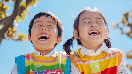 a Chinese boy and girl in preppy sweater vests and collared shirts, laughing together.