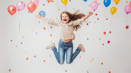 Mujer Saltando de Felicidad con Globos y Confeti