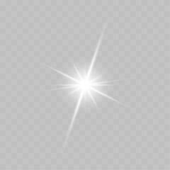 Wall Mural - Bright star with small central glow and long sparkling rays. Exploding star shines with beautiful white light. Vector illustration