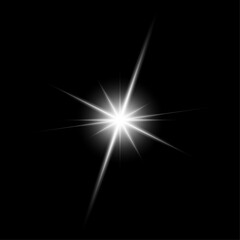 Wall Mural - Exploding star shines with beautiful white light on a real black background. Bright star with small central glow and long sparkling rays. Vector illustration
