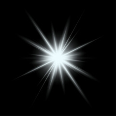 Wall Mural - Vector transparent sunlight lens flare light effect. Exploding star shines with beautiful white light on a real black background. Vector stock illustration