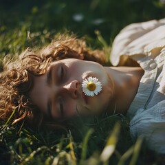 A young man with curly hair lies in a field of grass, a daisy held between his lips.