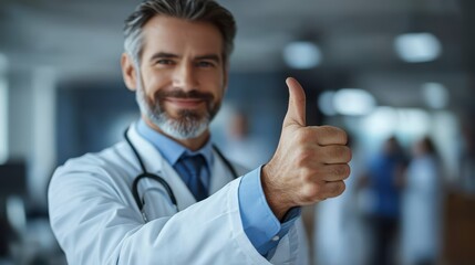 Wall Mural - A doctor in a white coat with a stethoscope gives a thumbs up in the background of the clinic