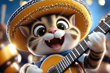 Cat musician leading a mariachi band, depicted in a festive, colorful scene where the cat, wearing a sombrero, plays a guitar while leading a mariachi band in a lively performance