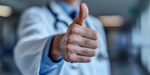 Wall Mural - A doctor in a white coat with a stethoscope gives a thumbs up in the background of the clinic