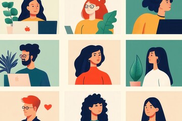Poster - A group of different individuals focused on computer work surrounded by plants and colorful backgrounds, showcasing their unique styles. Generative AI