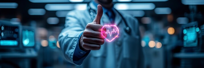 Wall Mural - A doctor in a white coat with a stethoscope gives a thumbs up in the background of the clinic