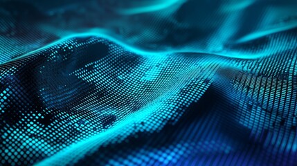 Poster - Abstract blue digital wave of glowing particles flowing and bending in a dark cyberspace. Perfect for any project needing a futuristic and technological look