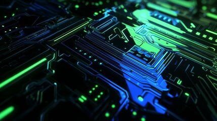 Poster - Abstract close-up of a futuristic circuit board, with glowing green and blue lights, creating a sense of advanced technology and innovation