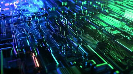 Poster - Abstract background showing a futuristic circuit board glowing with blue and green lights, evoking advanced technology and data processing