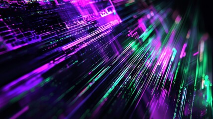 Poster - Abstract background showing data traveling through cyberspace, with purple and green lights. Perfect for topics about technology, communication and big data