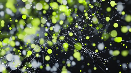 Poster - Network is connecting dots in a chaotic space filled with green and white blurry lights. This abstract background evokes concepts like technology, communication and the metaverse