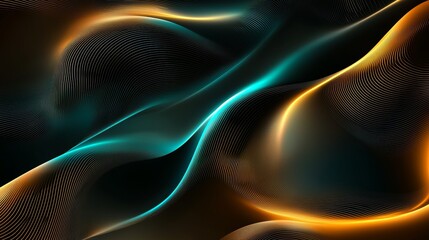 Poster - Graceful glowing lines flow on a dark background with vibrant blue, gold, and yellow colors, creating a modern, stylish look perfect for technology themes