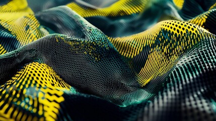 Poster - Abstract yellow and green particles surface is moving and transforming, creating a futuristic background for any project