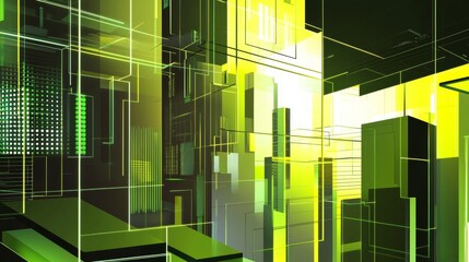 Futuristic city with glowing lines and cubes in green and yellow colors, perfect for illustrating innovative technologies and digital environments