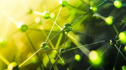 Poster - Abstract structure with green spheres connected by lines, creating a sense of depth and interconnectedness with a bright yellow background