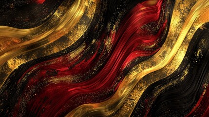Poster - Abstract background illustrating red, black and gold liquid paint mixing with glitter, creating a luxurious marble effect