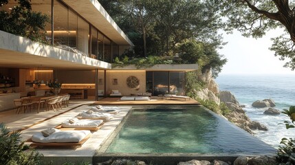 Modern, open-concept house with an infinity pool overlooks a rocky coastline, surrounded by lush greenery and outdoor seating