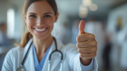 Wall Mural - A doctor in a white coat with a stethoscope gives a thumbs up in the background of the clinic