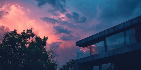 Wall Mural - Contemporary architecture and trees during the evening Dusk scenery showcasing dark blue sky and pink clouds