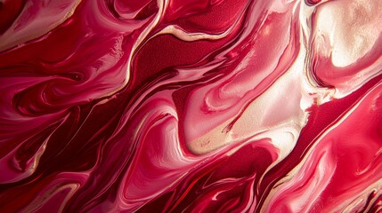 Wall Mural - Liquid paint mixing together in red, pink, and gold, creating an abstract pattern with a wavy texture and a marbled effect