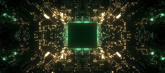 Poster - A high-tech circuit board background with a glowing central space for text