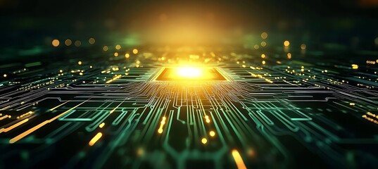 Poster - A high-tech circuit board background with a glowing central space for text