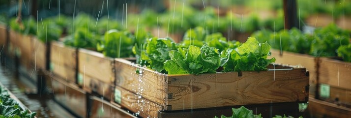 Poster - Organic farm vegetables gathered during rainfall, wooden containers filled with fresh produce, natural cultivation in a hydroponic greenhouse, eco-friendly healthy vegetarian farming methods.